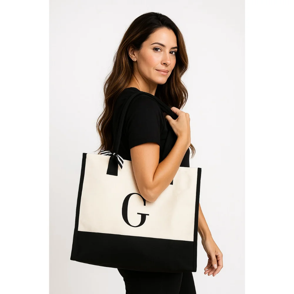Women’s BeeGreen Embroidery Monogram Tote Bag – Initial “G” – Black & White –NWT